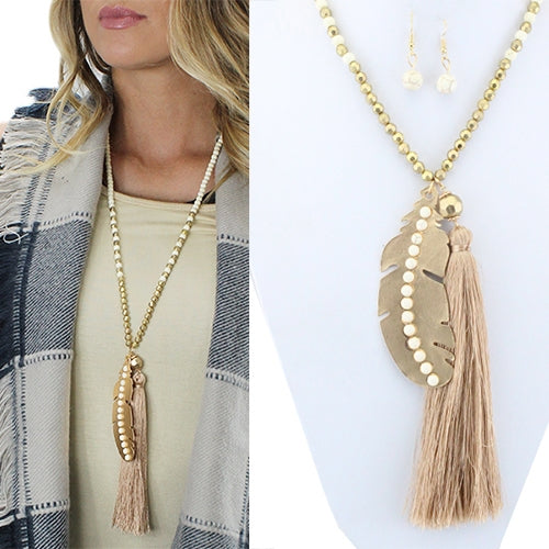 Woman's Feather Charm Tassle Necklace