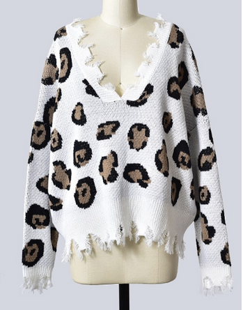 Woman's Take a Walk on the Wild Side Leopard Print Distressed V-Neck Long Sleeve Sweater