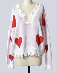 Woman's Heartbreaker Red Heart Print Distressed V-Neck Long Sleeve Sweater