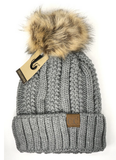 Woman's C.C Solid Fuzzy Lined Fur Pom Beanie Hat