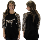 Women's Horse Leopard Print 3/4 Sleeve Raglan Top