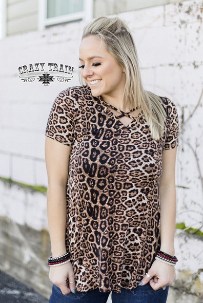 Women's Crazy Train Leopard Cheetah Print Criss Cross Roads Short Sleeve Tee Top