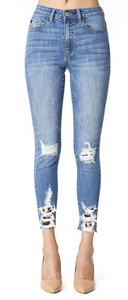 Woman’s Kancan Distressed Leopard Cheetah Ankle Skinny Jeans
