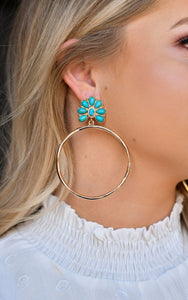 Gold Hoop with Turquoise Flower Post