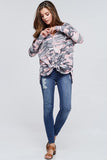 Women’s Pink Camouflage Print Long Sleeve Button Down V Neck Top