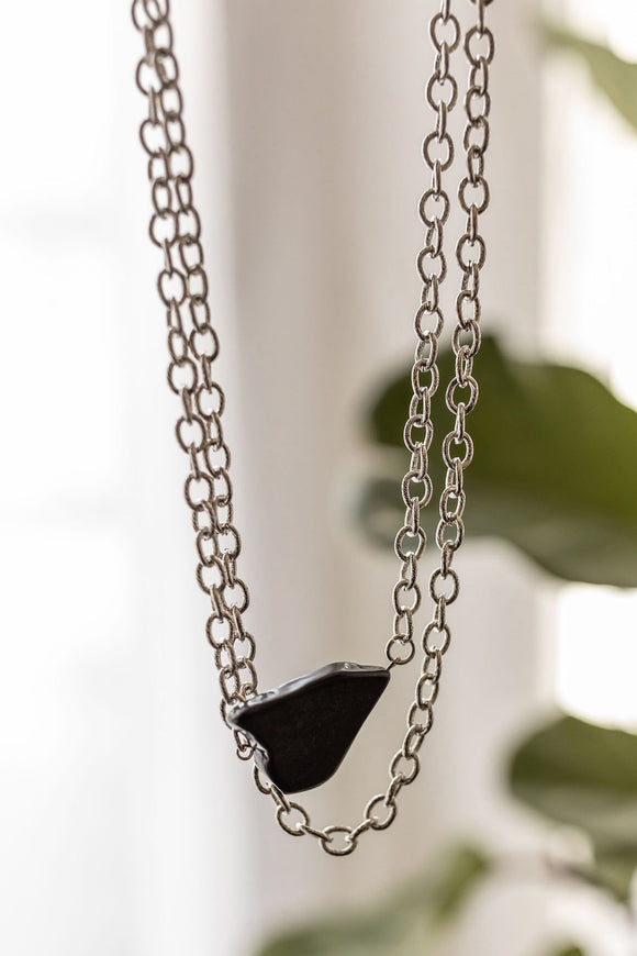 Dual Chain Necklace with Black Stone