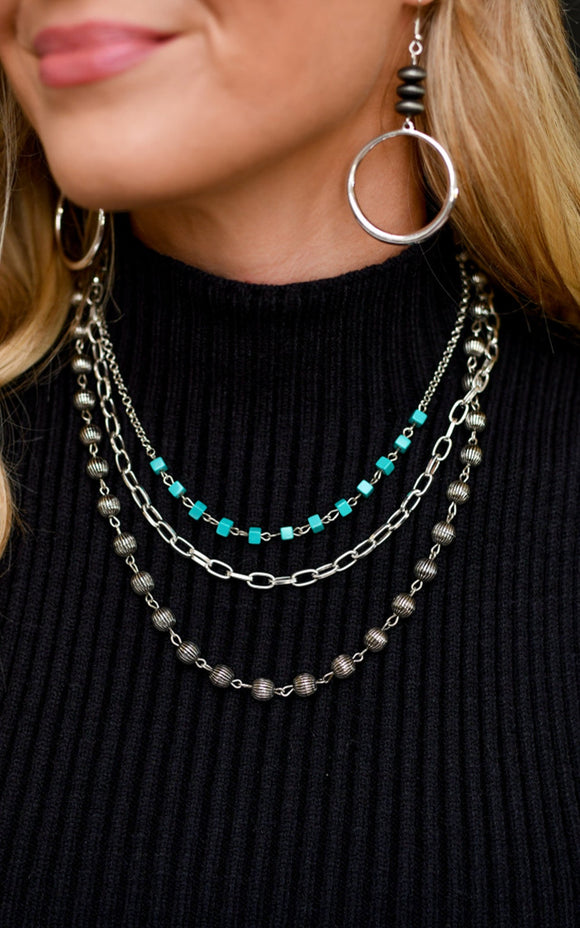 Three Strand Turquoise and Chain Necklace