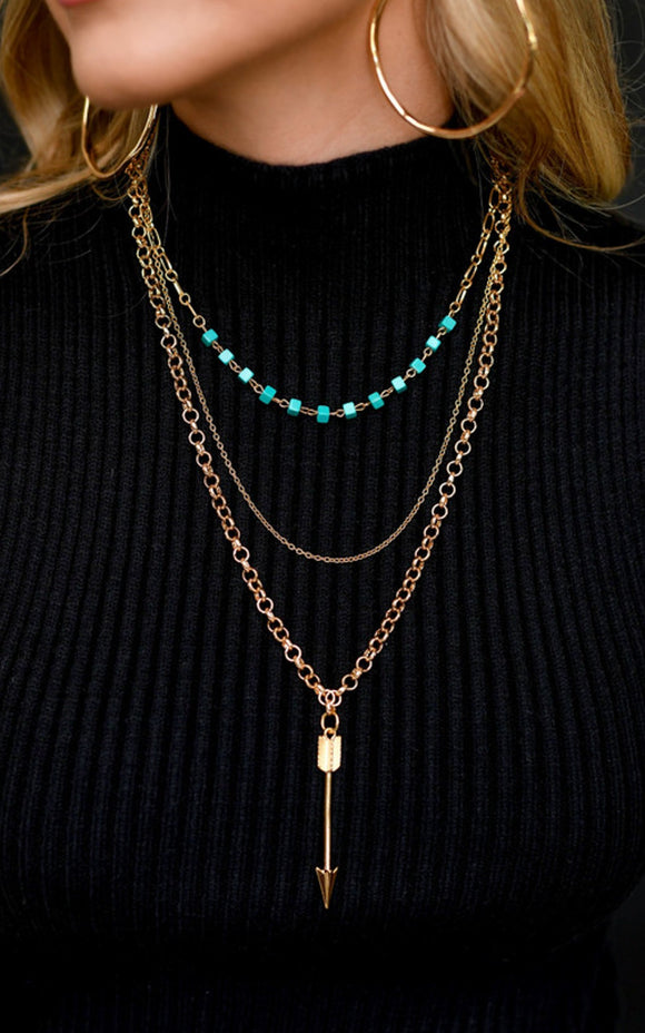 Three Strand Gold and Turquoise Arrow Necklace