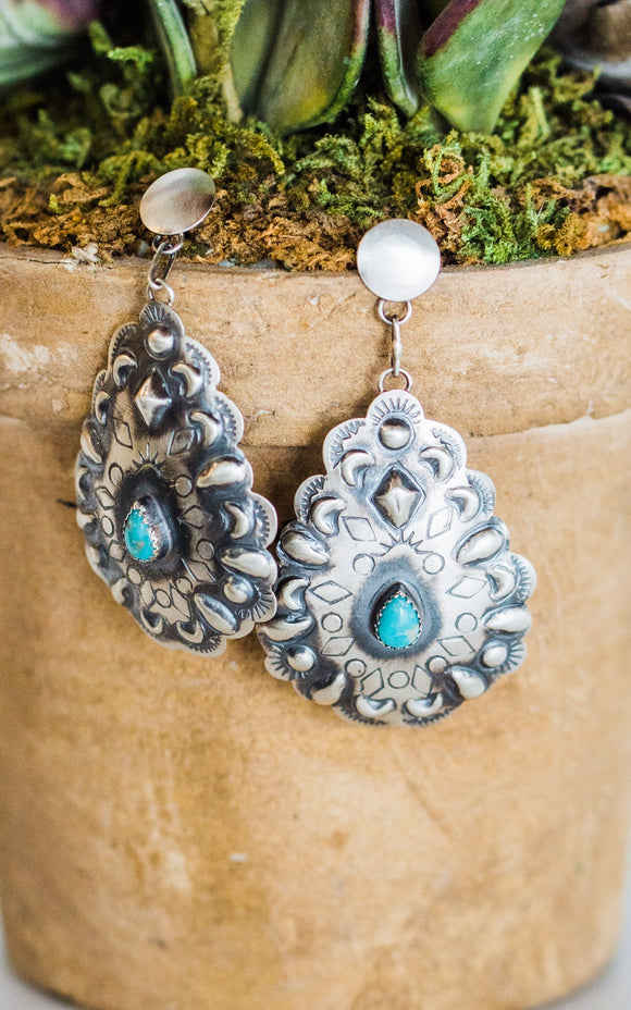 Tim Yazzie Sterling Silver & Turquoise Concho Earrings